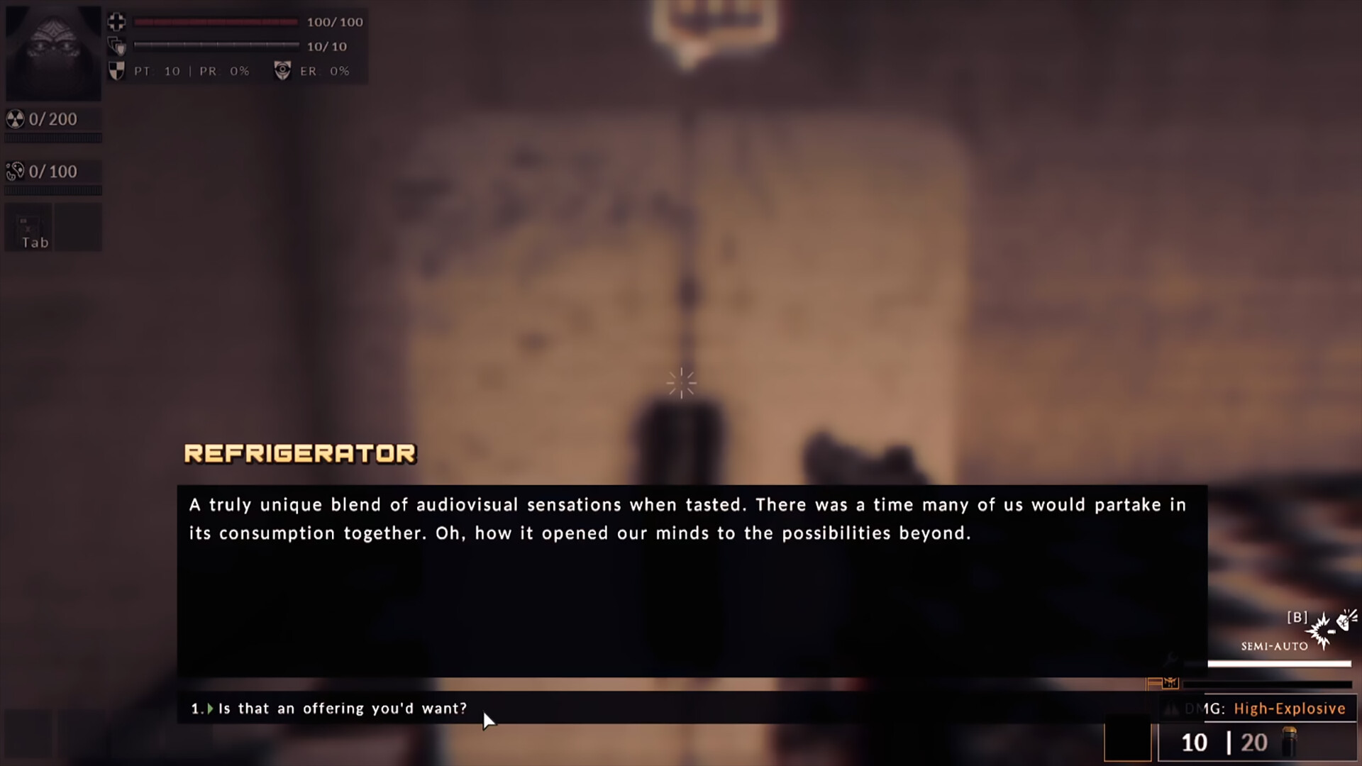 Divine Frequency screenshot: a refrigerator interaction text box.