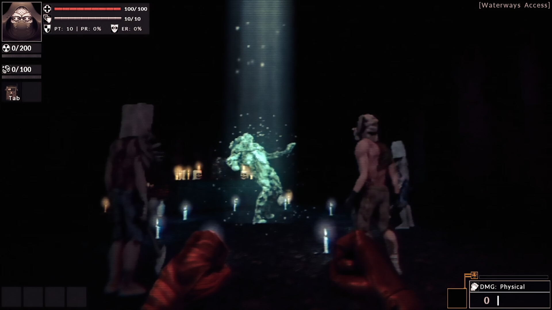 Divine Frequency screenshot: figures around a pale light beam in a dark room.