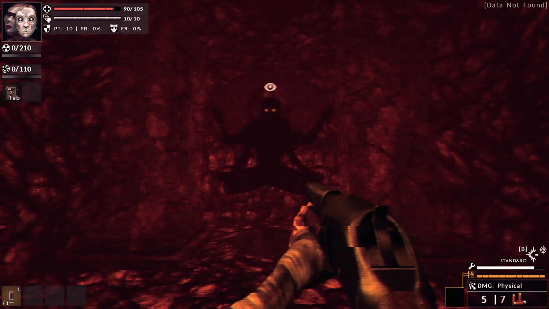 Divine Frequency screenshot: a red eye watching from a dark red cave.