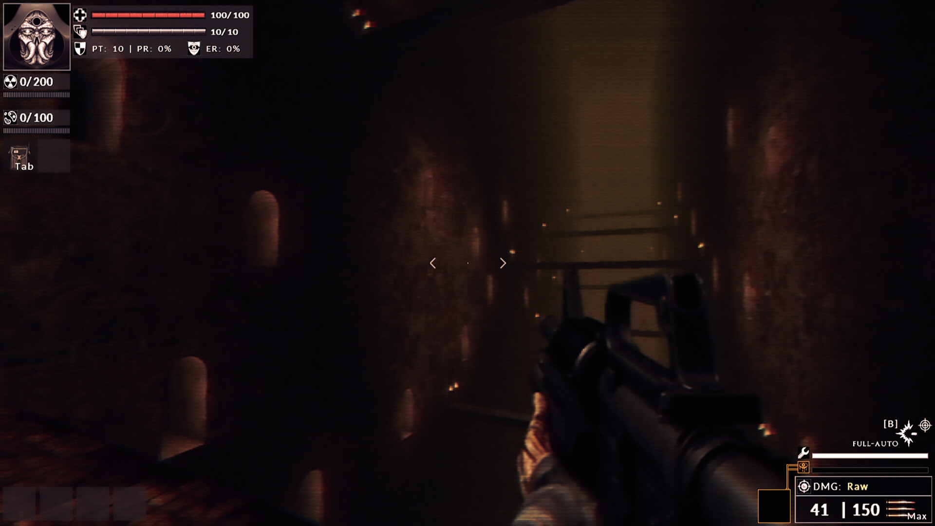 Divine Frequency screenshot: a rifle in a long brown corridor.