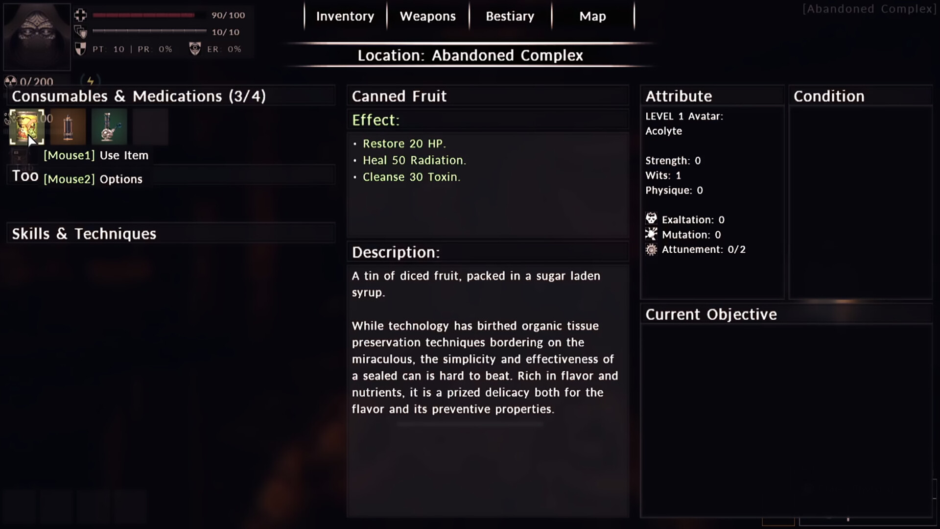 Divine Frequency screenshot: the inventory showing the Canned Fruit item and attributes.