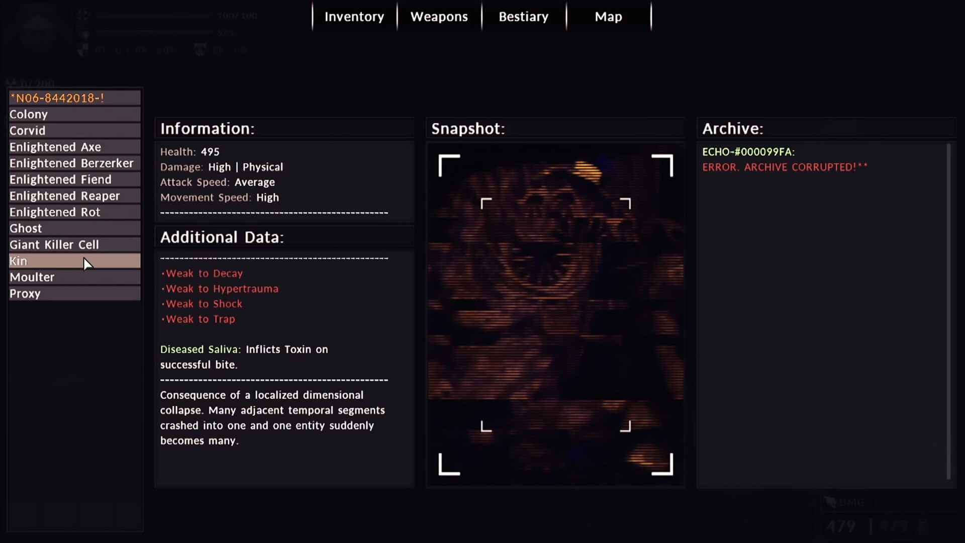 Divine Frequency screenshot: the bestiary screen with Enlightened enemy entries.